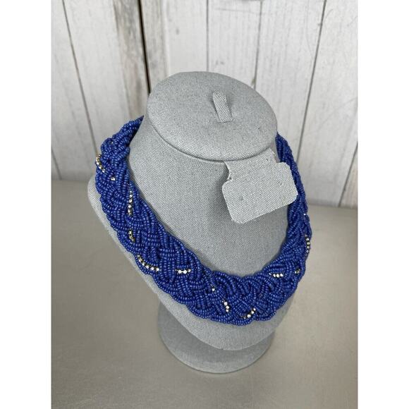 Blue Seed Bead Multi Strand Braided & Rhinestone Collar Statement Necklace - Picture 2 of 4